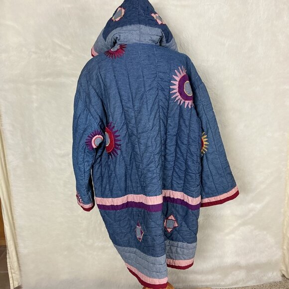 Vintage 80s 90s Denim Hooded Sun Embroidered Patchwork Denim Quilted Jacket L - Picture 7 of 12